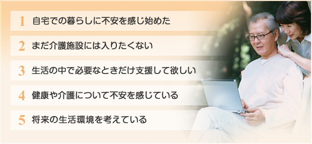 1.自宅での暮らしに不安を感じ始めた
2.まだ介護施設には入りたくない
3.生活の中で必要なときだけ支援して欲しい
4.健康や介護について不安を感じている
5.将来の生活環境を考えている